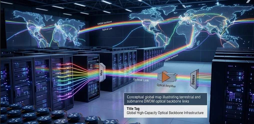 Conceptual global map illustrating terrestrial and submarine DWDM optical backbone links