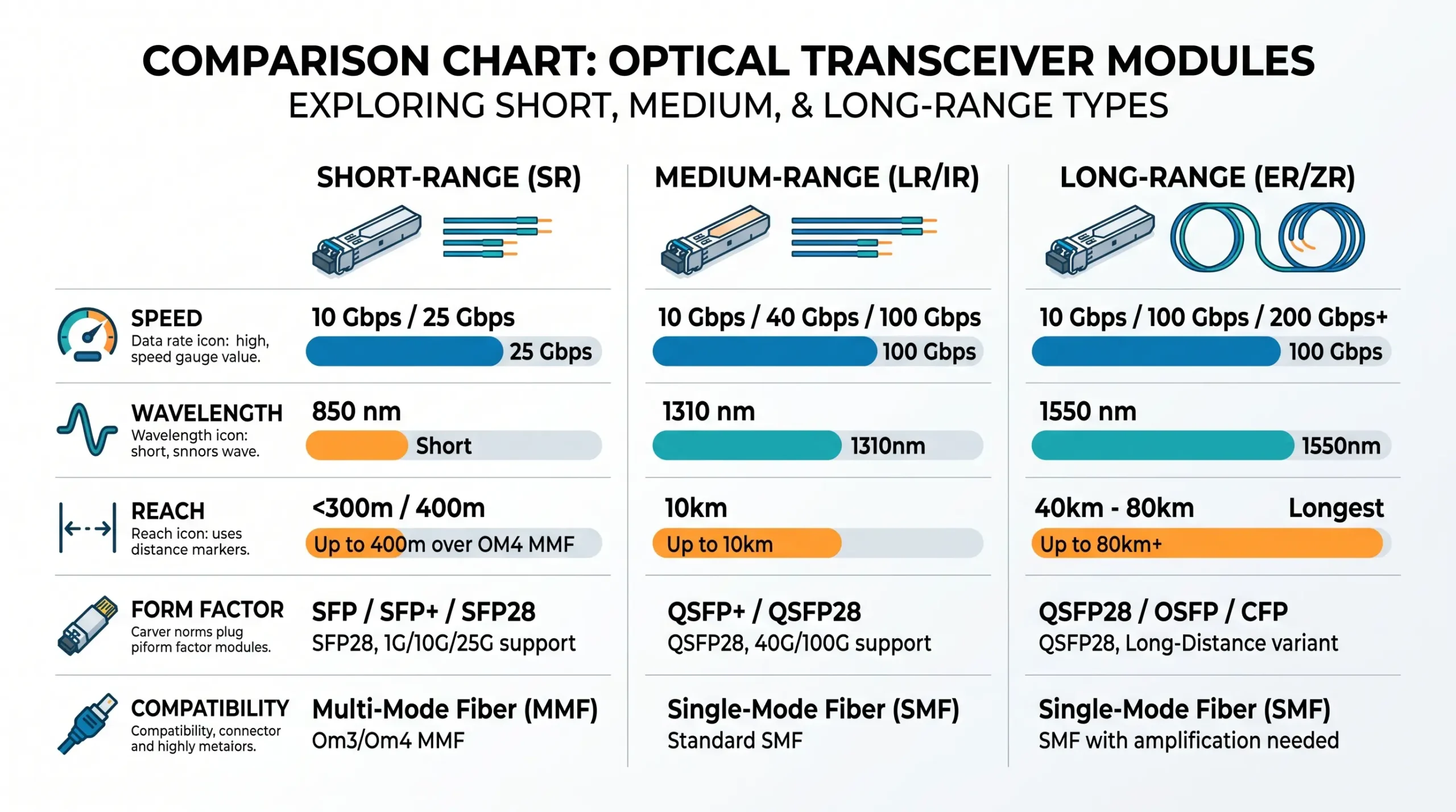 Comparison chart of optical transceiver specifications including speed, wavelength, and reach