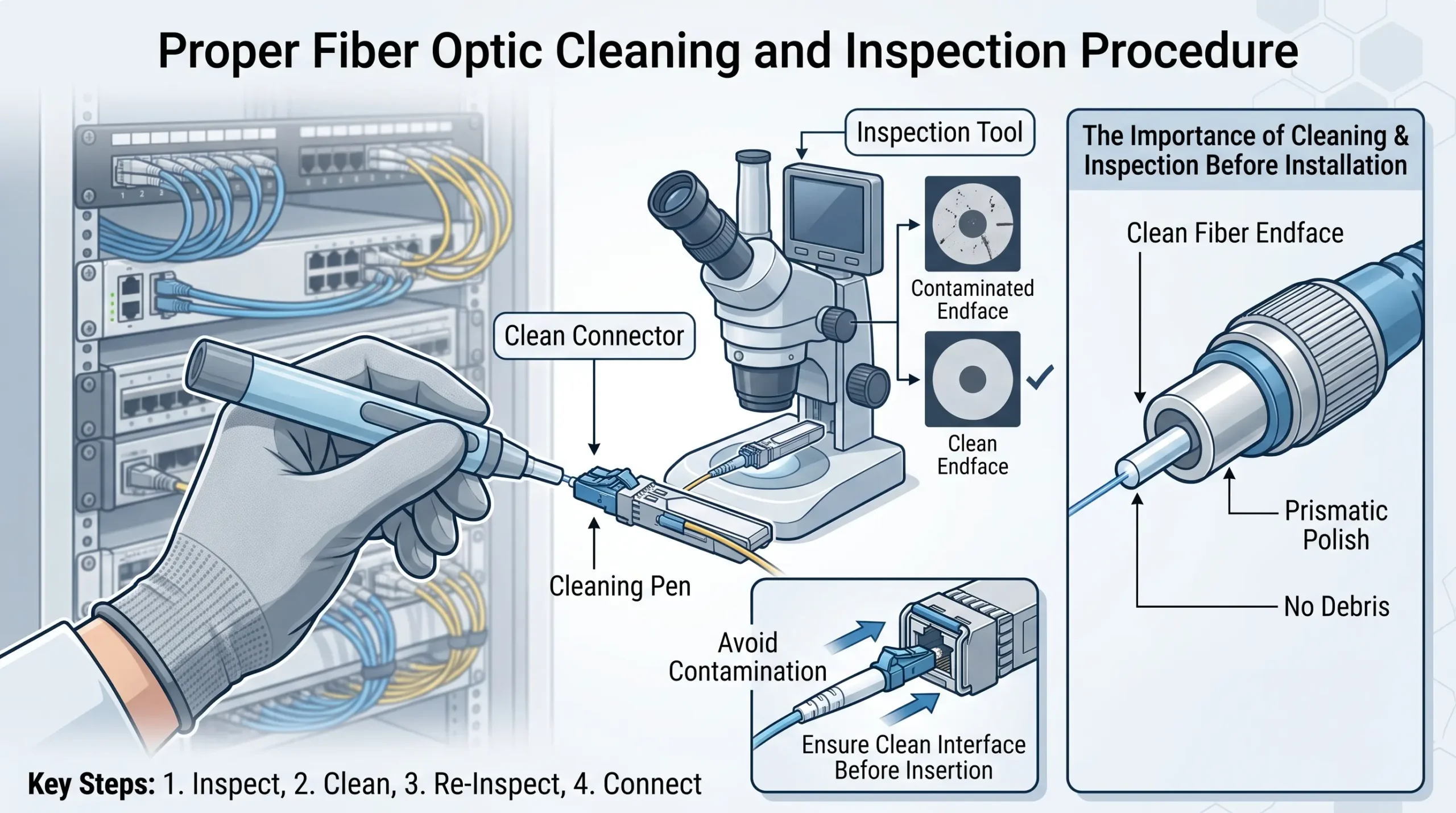 Fiber connector cleaning and inspection before installing an optical transceiver