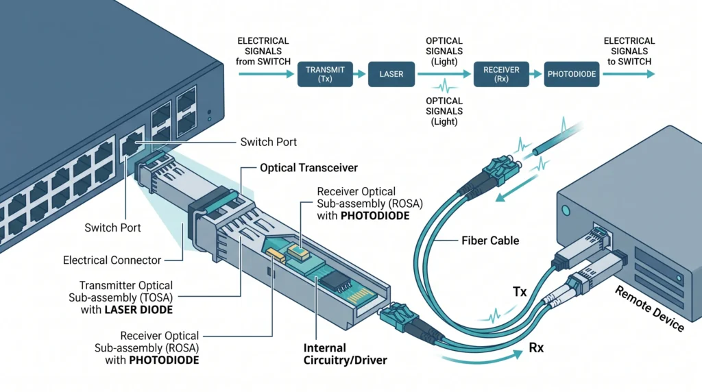 Optical transceiver module connected to a switch and fiber cable in a network diagram